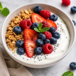 Greek yogurt bowl with strawberries blueberries raspberries granola and chia seeds for healthy weight loss breakfast