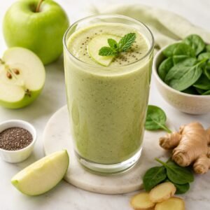 Fresh green apple gut health smoothie in a glass with green apples, spinach, and healthy ingredients