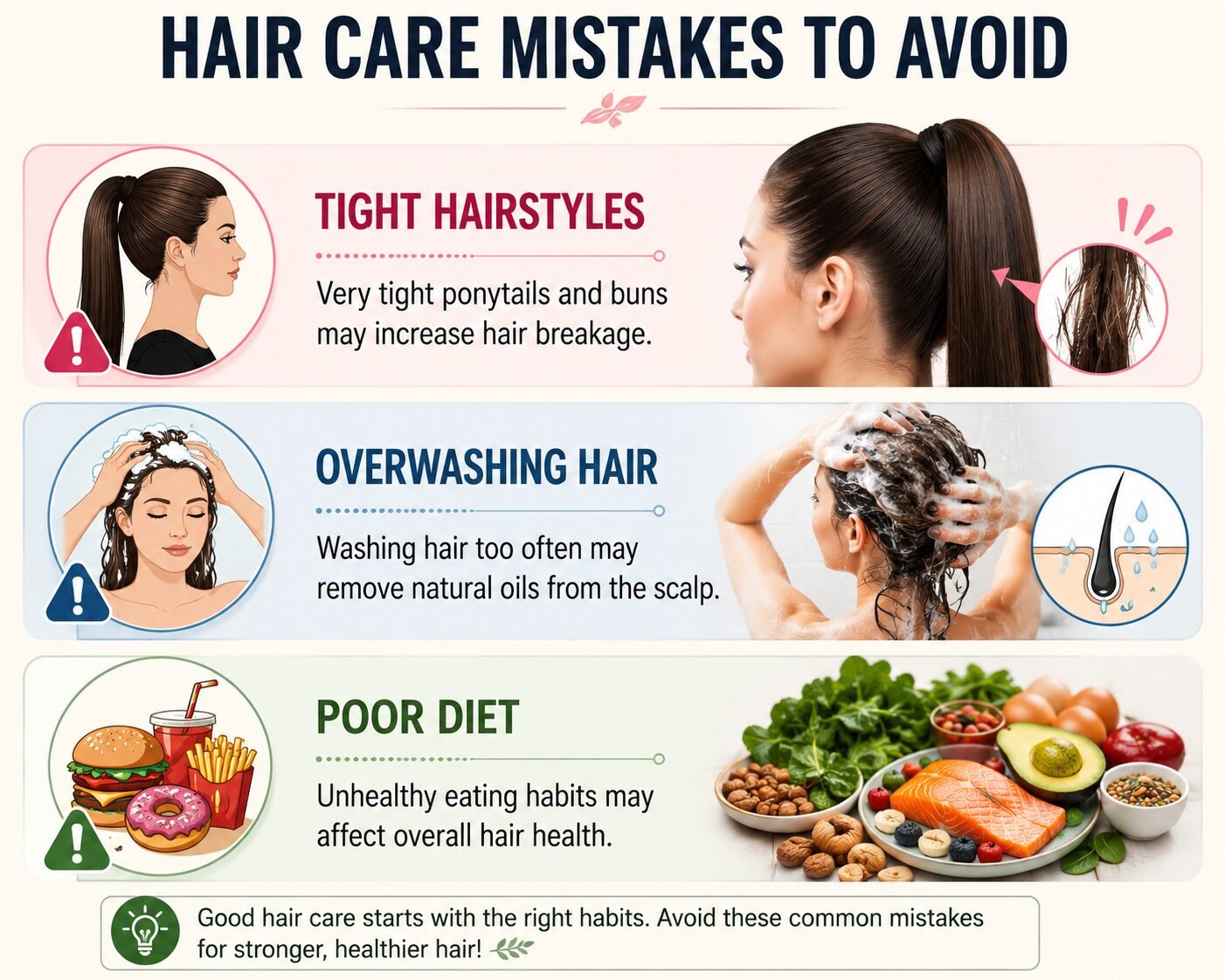Hair care mistakes including tight hairstyles, overwashing hair, and poor diet that may contribute to hair breakage, thinning hair, and unhealthy hair growth.