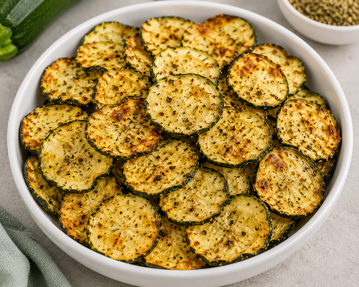 Baked zucchini chips served in a white bowl as a healthy crispy low calorie snack for clean eating