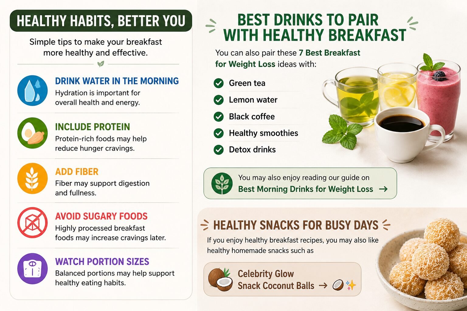 Healthy breakfast tips infographic with water protein fiber healthy drinks smoothie green tea coffee and healthy snack ideas for weight loss