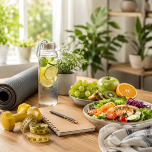 Healthy eating for belly fat loss with lemon water, yoga mat, dumbbells, healthy salad, fruits, and wellness lifestyle setup