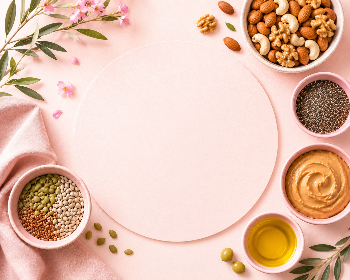 Healthy fats foods including avocado nuts seeds peanut butter and olive oil on soft pink background for healthy weight loss diet