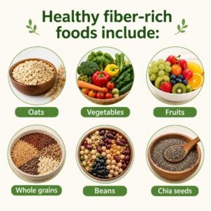 Healthy fiber rich foods including oats vegetables fruits whole grains beans and chia seeds in a clean infographic design