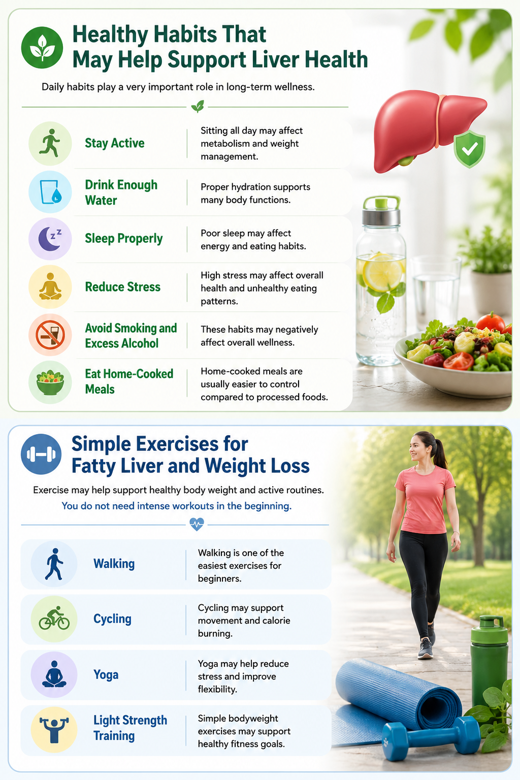 Healthy habits and simple exercises for fatty liver and weight loss infographic with liver wellness hydration healthy food walking yoga and fitness routine
