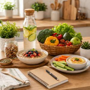 Healthy home eating habits with fresh vegetables fruits salad infused water and balanced homemade meals in a cozy kitchen