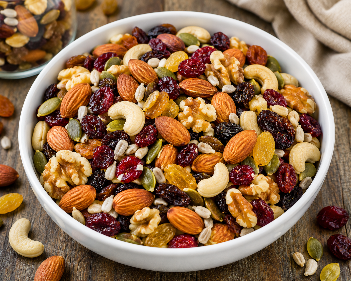 Homemade trail mix with nuts seeds and dried fruits served in a white bowl as a healthy energy snack