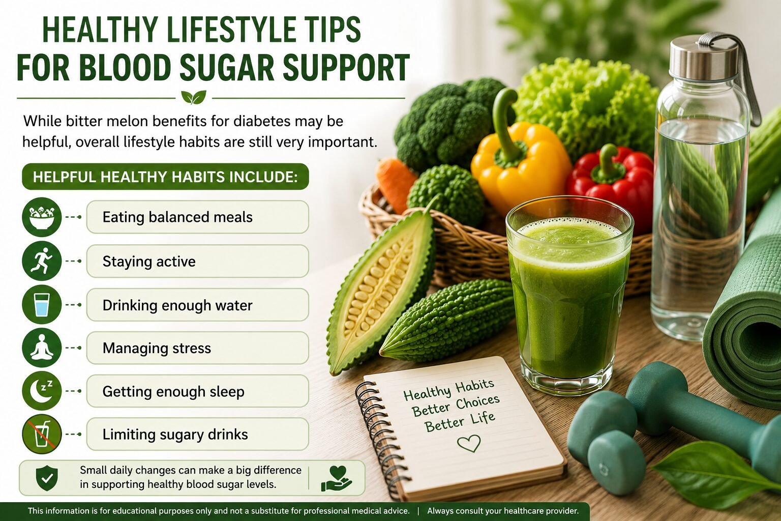 Healthy lifestyle tips for blood sugar support with vegetables water exercise and bitter melon juice