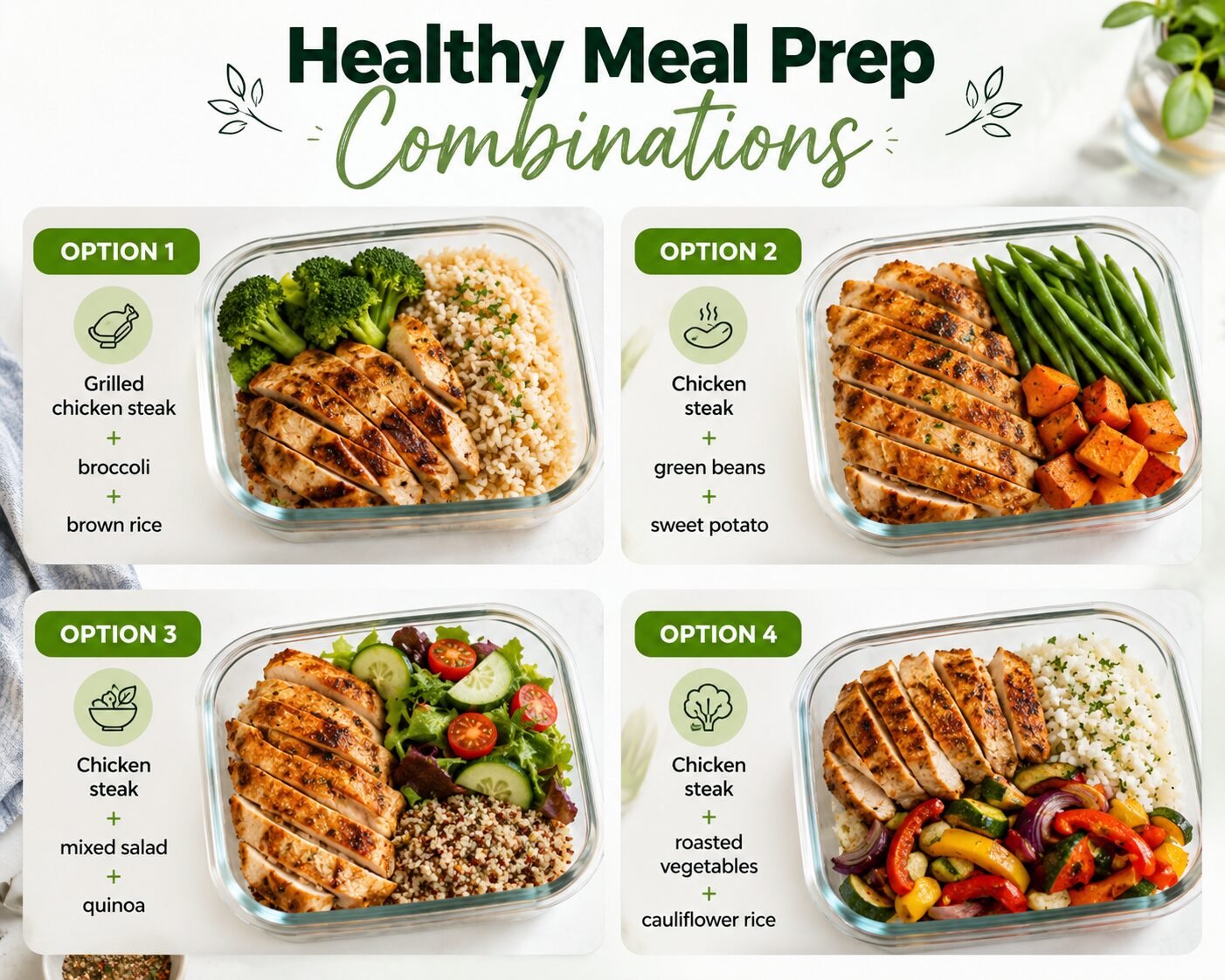 Healthy meal prep combinations featuring grilled chicken steak with broccoli brown rice green beans sweet potato mixed salad quinoa and cauliflower rice for weight loss
