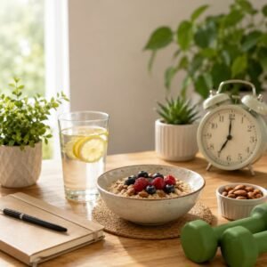Healthy morning routine setup with oatmeal berries lemon water notebook and fitness weights for better lifestyle results