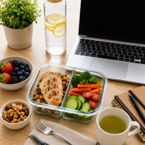 Healthy office meal ideas with meal prep lunch boxes, fresh vegetables, grilled chicken, green tea, and a clean workspace for a balanced lifestyle.