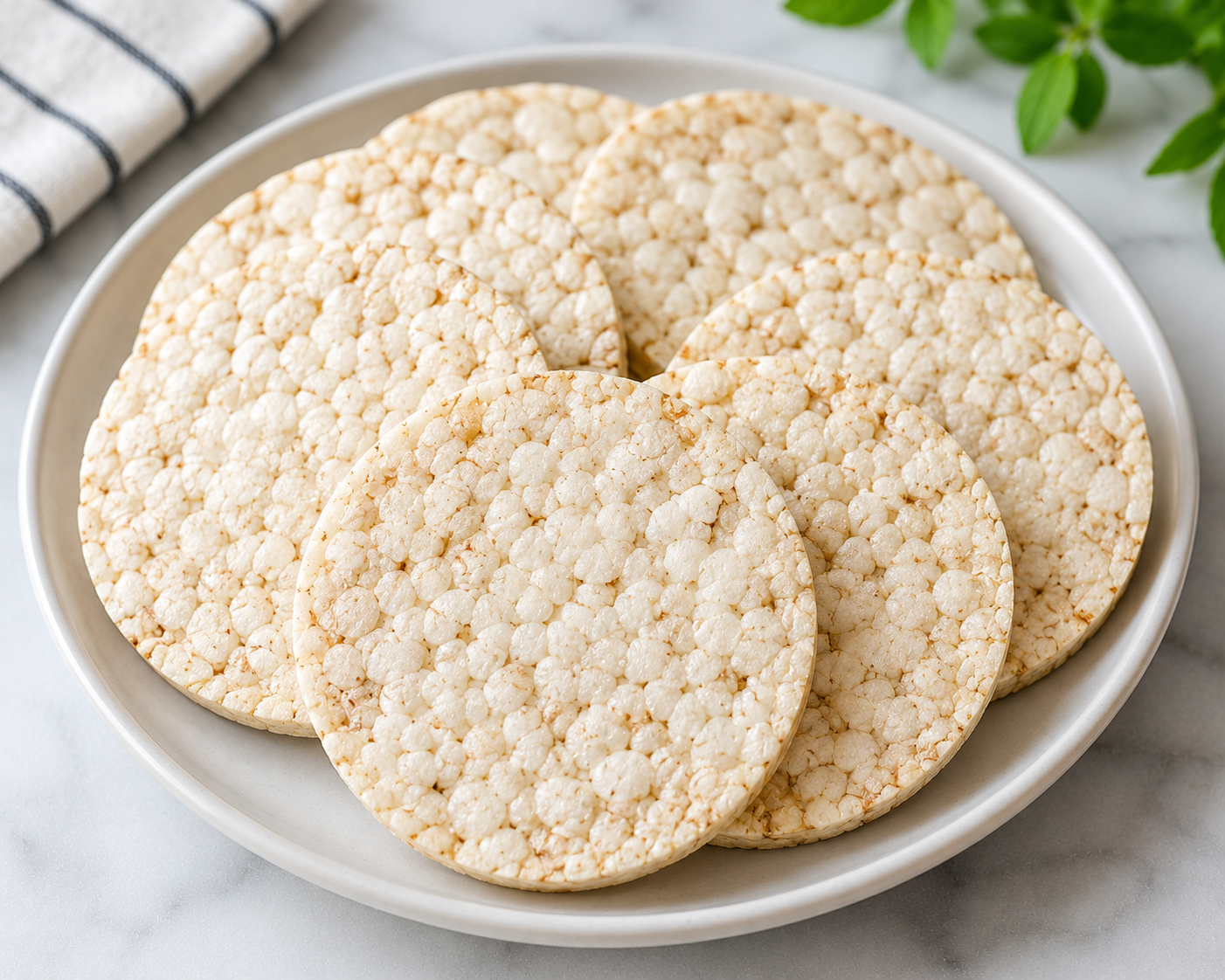 Plain rice cakes stacked on a white plate as a healthy low calorie snack for weight loss and clean eating