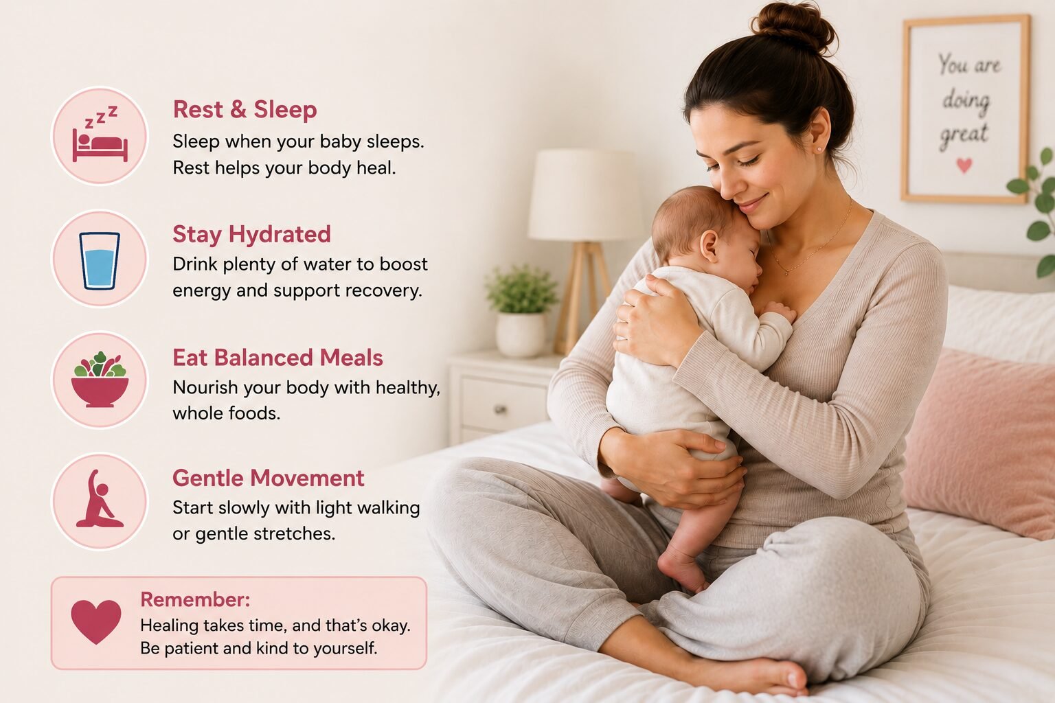 Healthy post pregnancy weight loss recovery tips for new moms with mother holding baby in a peaceful bedroom