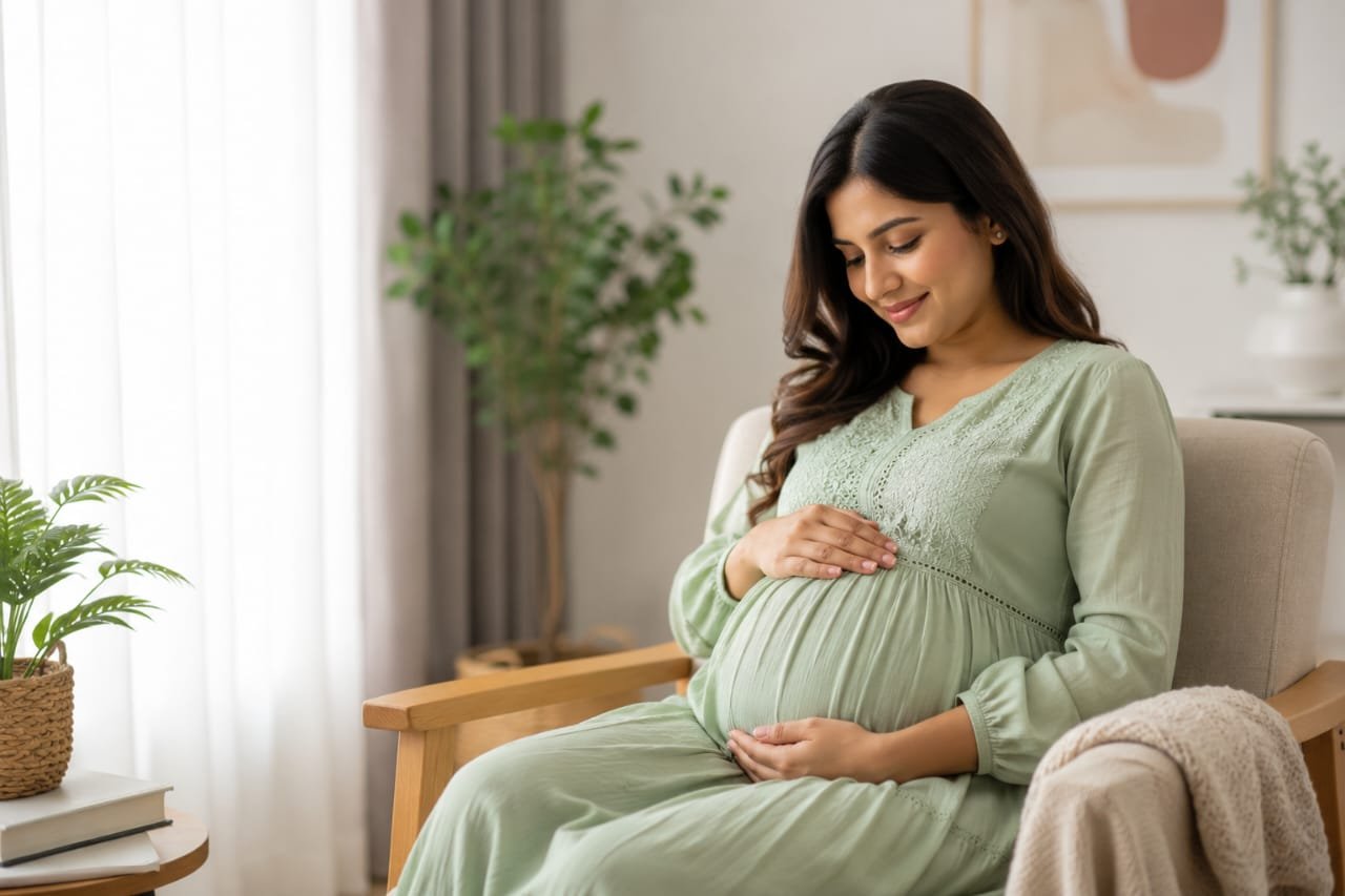 Pregnant woman sitting peacefully at home during healthy pregnancy and motherhood journey