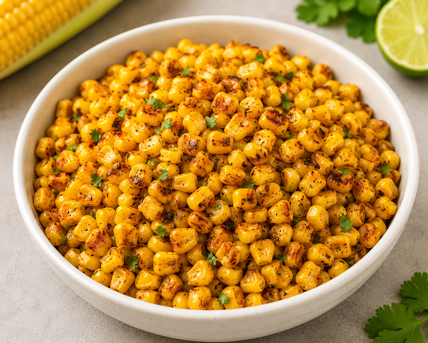 Roasted corn kernels served in a white bowl as a healthy savory snack rich in fiber and nutrients