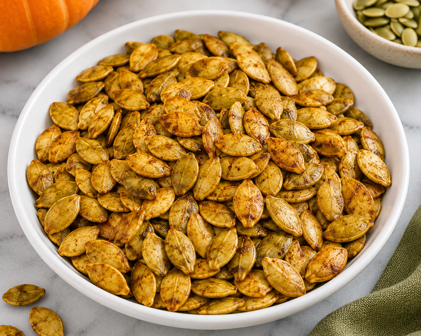 Roasted pumpkin seeds served in a white bowl as a healthy crunchy snack rich in protein and nutrients