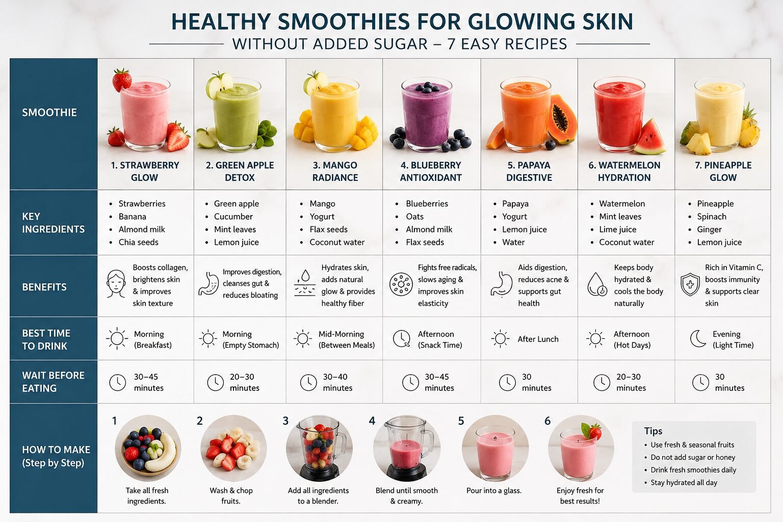 Healthy smoothies for glowing skin without added sugar infographic showing strawberry, green apple, mango, blueberry, papaya, watermelon, and pineapple smoothies with ingredients and benefits.