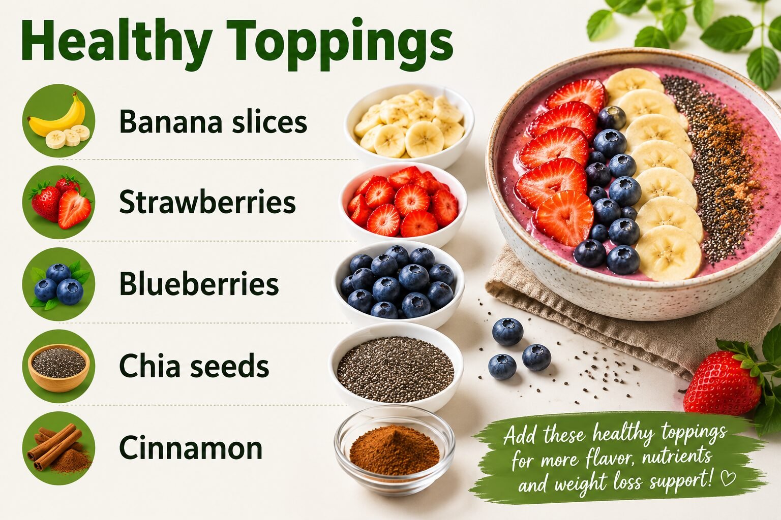 Healthy breakfast toppings including banana slices strawberries blueberries chia seeds and cinnamon for weight loss smoothie bowls and oatmeal