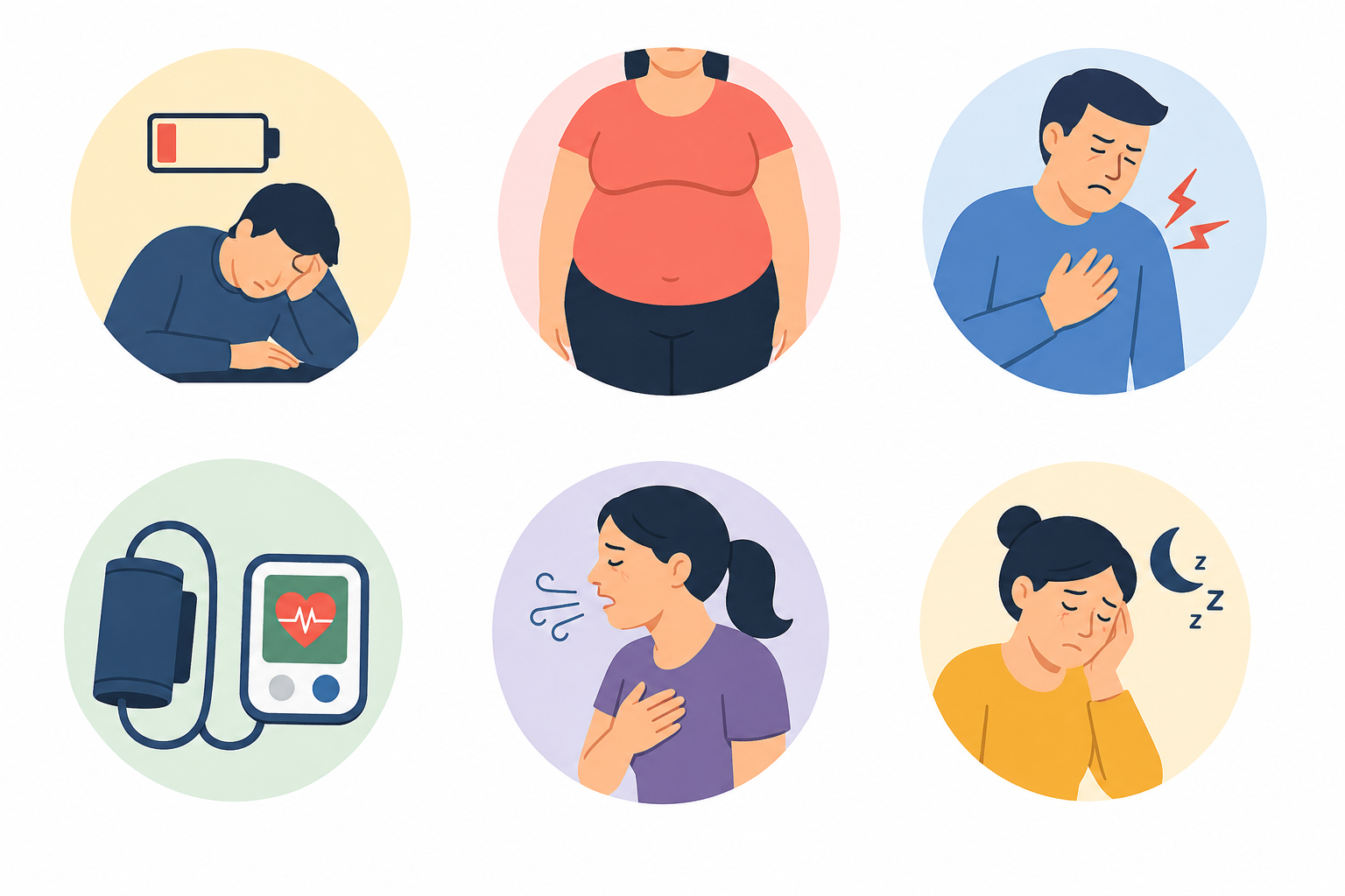 Illustrated health icons representing low energy, weight gain, chest discomfort, high blood pressure, shortness of breath, and feeling tired often.