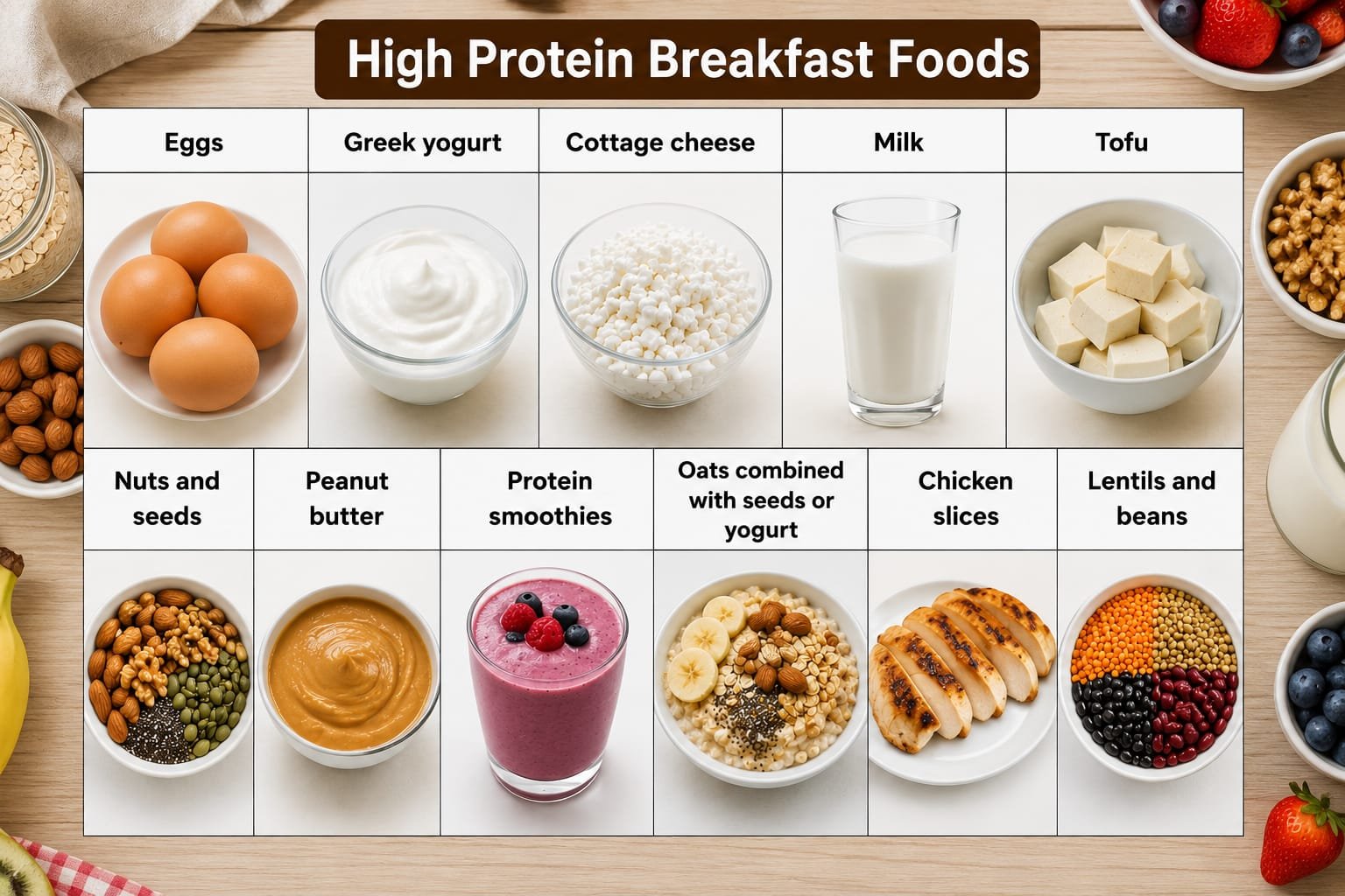 High protein breakfast foods chart with eggs Greek yogurt cottage cheese milk tofu nuts seeds oats chicken lentils and protein smoothie for weight loss