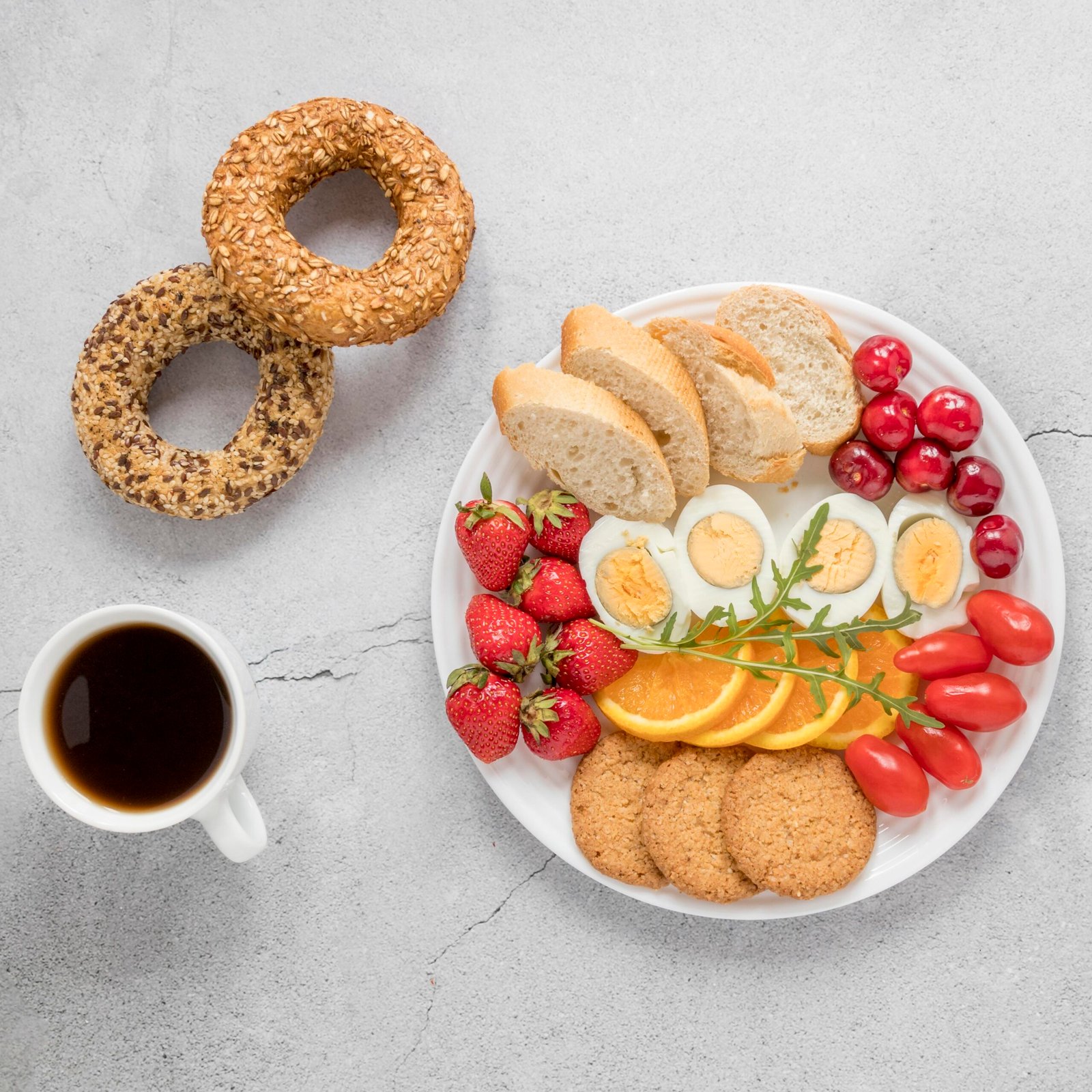 High protein breakfast for weight loss with boiled eggs fruits whole grain bread and healthy morning coffee