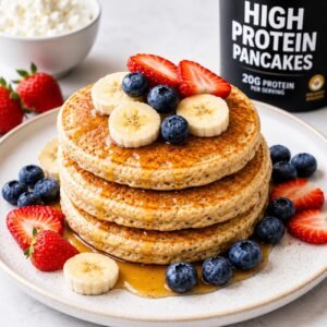 Stack of high protein pancakes topped with berries, banana slices, and honey