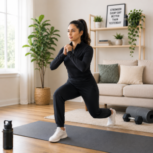 Woman in full workout outfit doing home exercises for belly fat in a modern living room with yoga mat and dumbbells