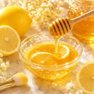 Shiny honey and lemon homemade face mask in glass bowl for bright glowing skin naturally