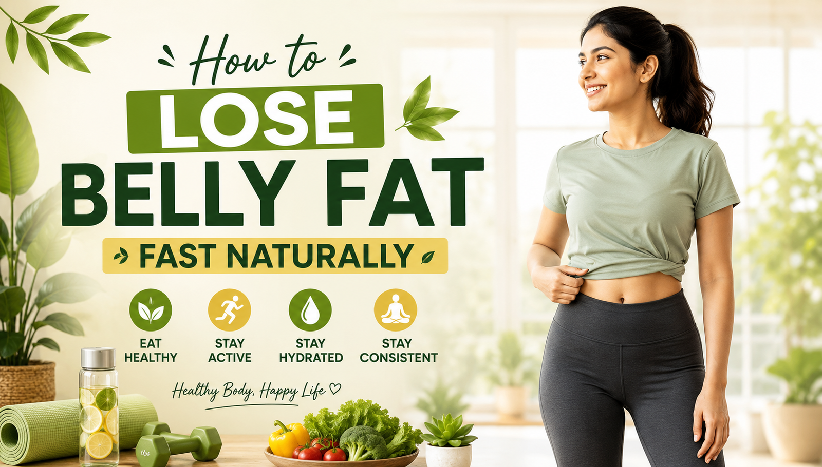 How to lose belly fat fast naturally wellness banner with healthy lifestyle theme, fitness woman, lemon water, yoga mat, and healthy food