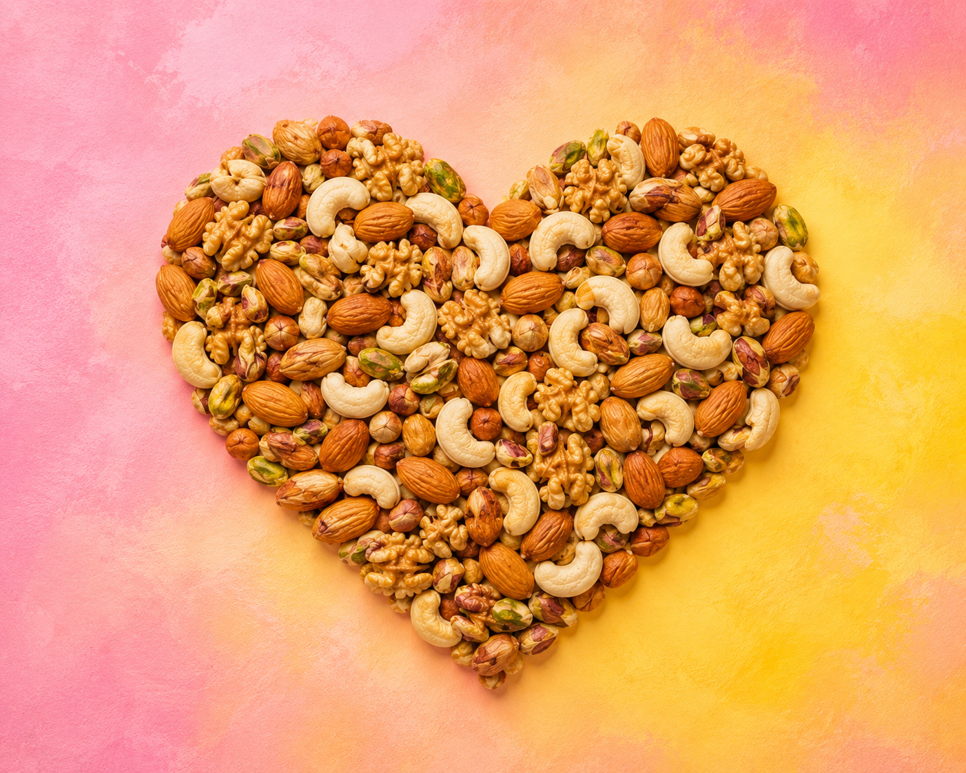 Low calorie snacks for weight loss made with mixed dry fruits arranged in heart shape on pink and yellow blended background