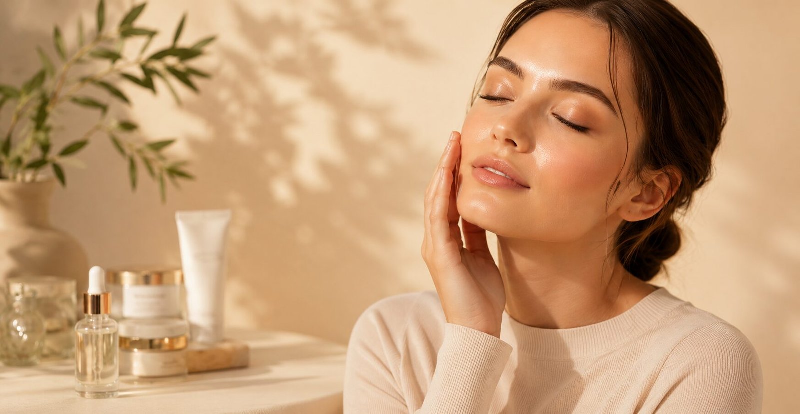 Elegant anti aging skincare image showing a glowing young woman with healthy radiant skin in a luxury beauty setting with skincare products and soft natural lighting.