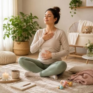 Peaceful woman practicing deep breathing and relaxation in a cozy room for healthy stress management after pregnancy