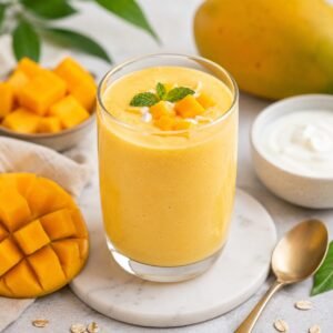 Creamy mango yogurt smoothie in a glass with fresh mango cubes and yogurt on a light background