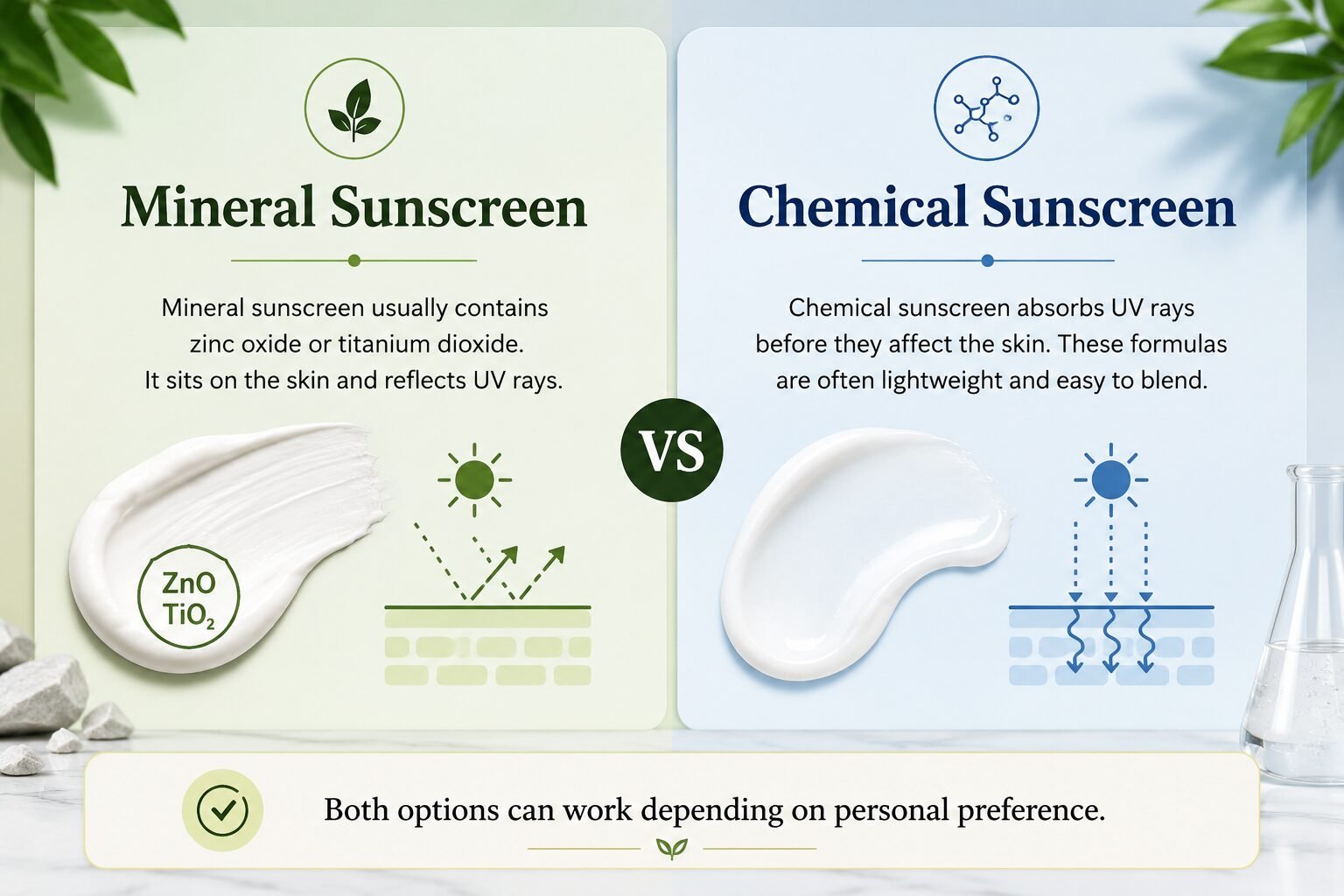 Mineral sunscreen vs chemical sunscreen comparison infographic for oily skin showing UV protection, lightweight SPF formulas, and summer skincare benefits