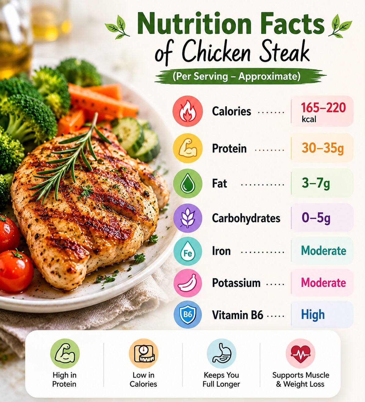 Nutrition Facts of Chicken Steak showing calories protein fat carbohydrates and vitamins with grilled chicken steak and vegetables for weight loss