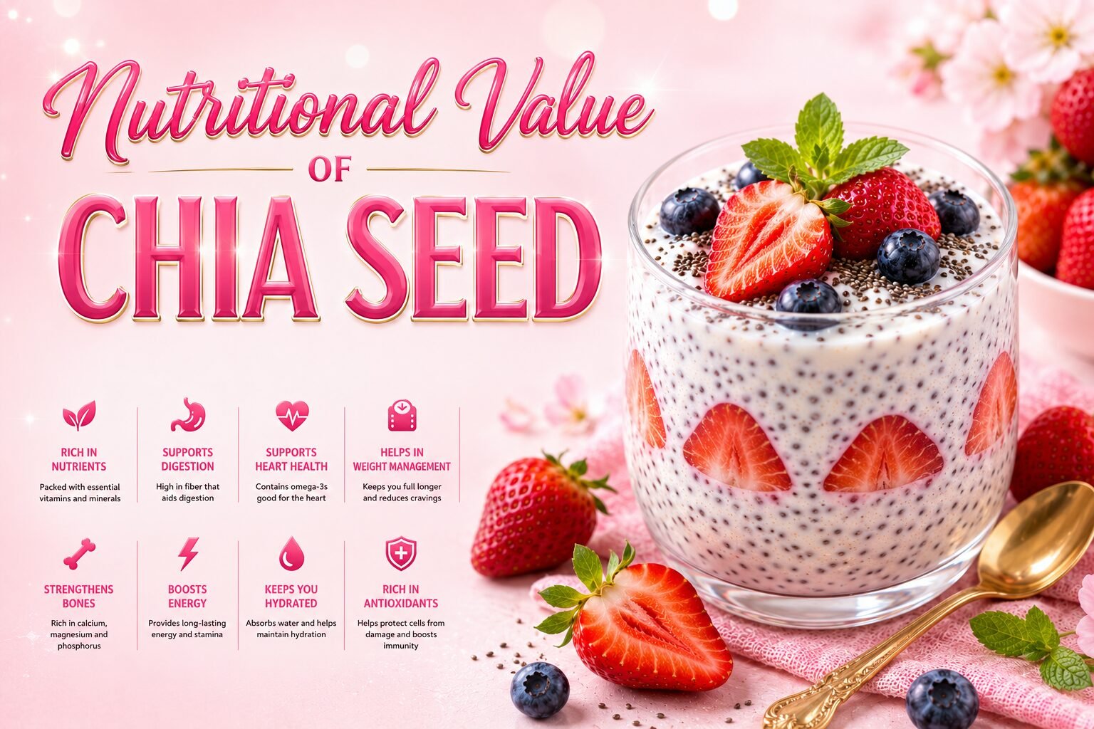 Nutritional Value of Chia Seeds with chia seed pudding yogurt fresh strawberries blueberries and healthy breakfast ingredients