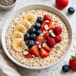 Healthy oatmeal bowl with chia seeds, banana slices, strawberries, blueberries, and raspberries