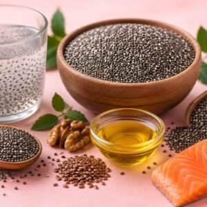 Omega 3 fatty acids in chia seeds with chia seeds walnuts flax seeds healthy oil and salmon on a pink background
