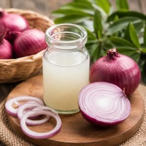 Fresh onion juice in a glass jar with red onions, commonly used as a home remedy for hair growth and scalp care.