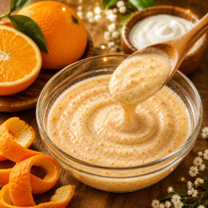 Shiny orange peel and yogurt homemade face mask in glass bowl for glowing bright skin naturally
