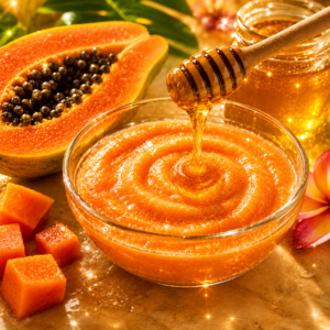 Shiny papaya and honey homemade face mask in glass bowl for glowing bright skin naturally