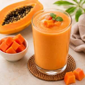 Fresh papaya smoothie in a glass with papaya cubes and natural ingredients for digestion and glowing skin