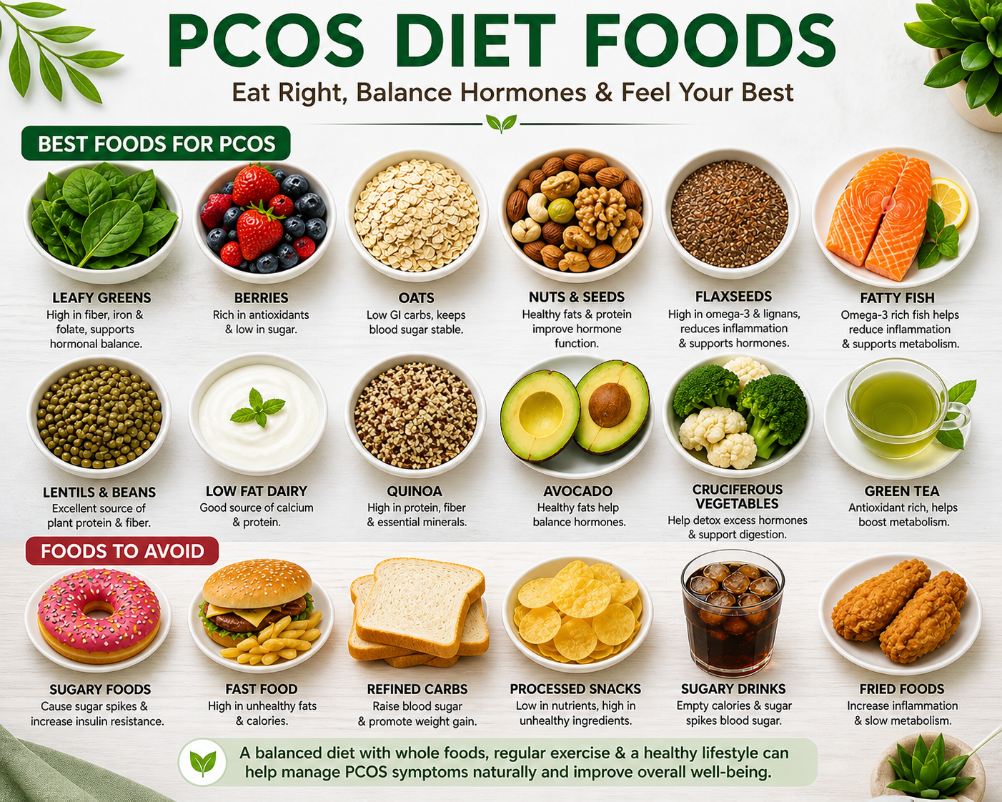 Healthy PCOS diet foods including leafy greens, berries, oats, nuts, seeds, avocado, quinoa, and green tea to support hormone balance and weight loss