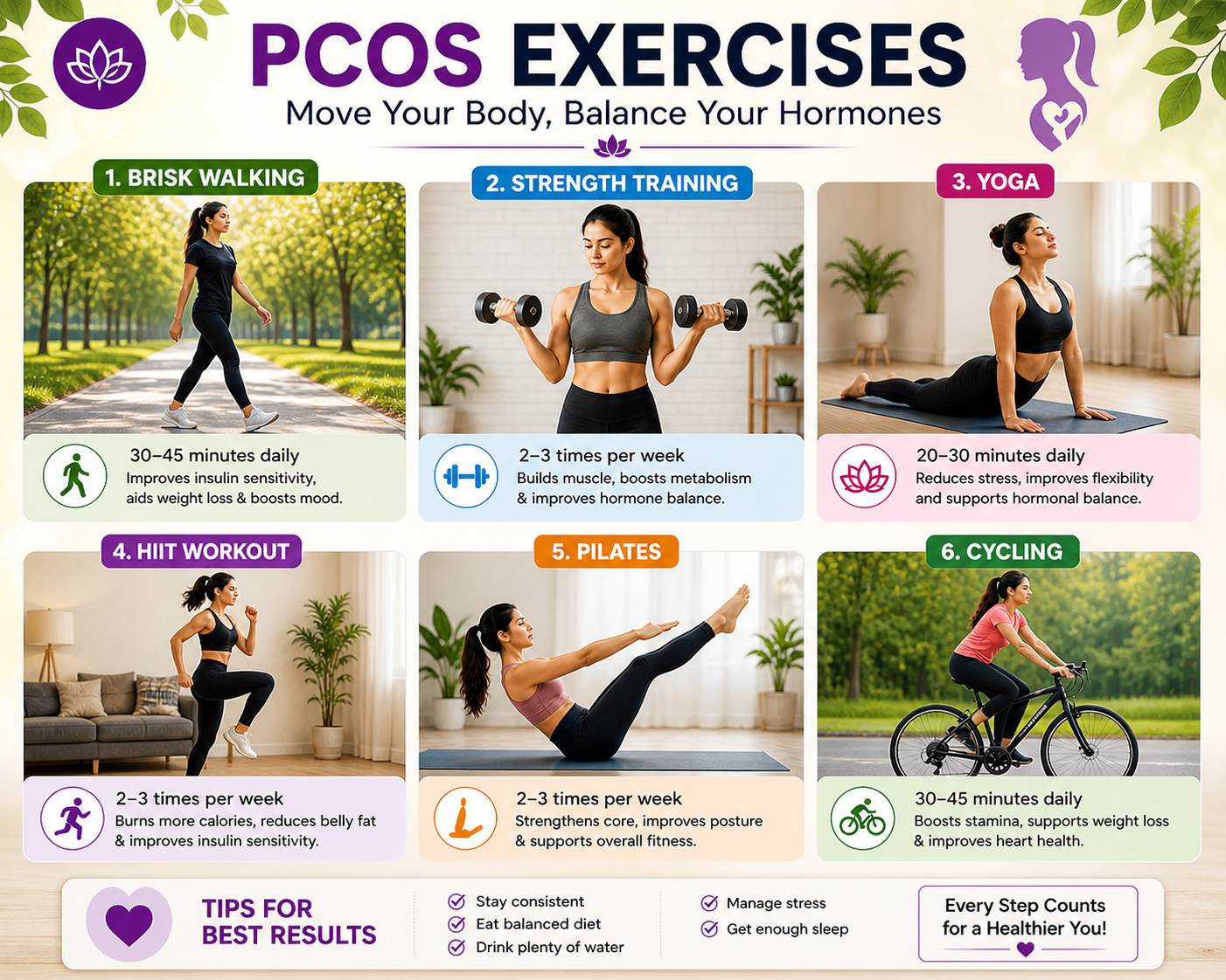 PCOS exercises including walking, yoga, strength training, HIIT workout, pilates and cycling to support weight loss and hormone balance
