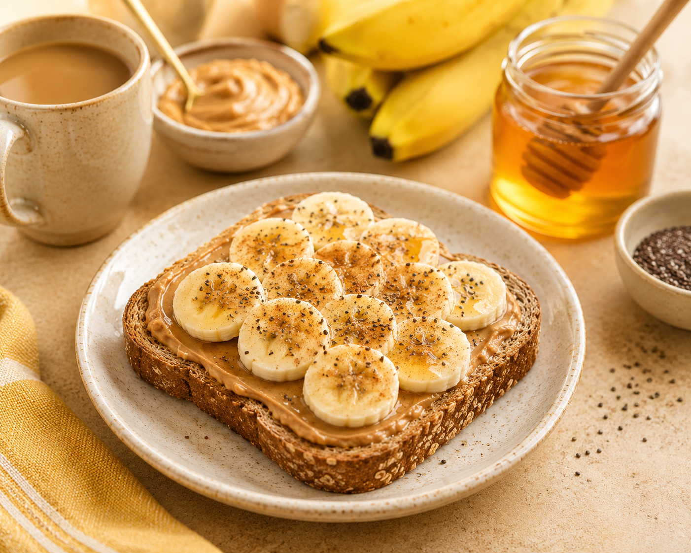 Peanut butter banana toast with chia seeds and cinnamon on warm brown breakfast table for high protein breakfast for weight loss