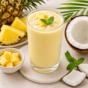 Creamy pineapple coconut smoothie in a glass with fresh pineapple pieces and coconut on a light tropical background