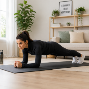 Woman in full workout outfit doing plank exercise at home on yoga mat for belly fat and core strength training