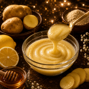 Dark brown shiny potato and lemon homemade face mask in glass bowl for glowing bright skin naturally