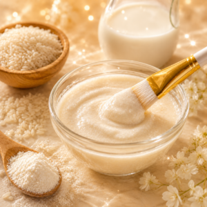 Homemade rice flour and milk face mask in glass bowl for tan removal and bright glowing skin