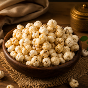 Roasted makhana in a wooden bowl as a healthy low calorie snack for weight loss and healthy eating